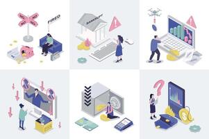 Unemployment and crisis 3d isometry concept for web design. Collection set with isometric people was fired, financial problems, jobless, global economic recession with arrow down. illustration. vector