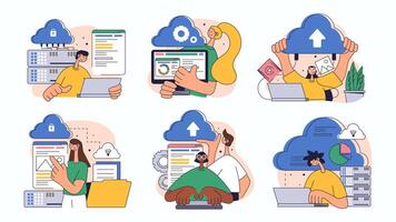Cloud computing concept set for web design. Collection with people processing online, making sync, sharing files, using database server, more. Flat illustration isolated on white background. vector