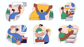 Home repair workers concept set for web design. Collection with people fixing conditioner, painting wall, wallpapering, light bulb replace, more. Flat illustration isolated on white background. vector