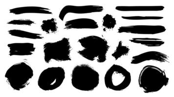 Black paint brush strokes set. Collection of paintbrush smears of rectangle stamps and round shapes. Rough grainy spots with ink splatters. Dye grunge blots with smudge texture. illustration. vector