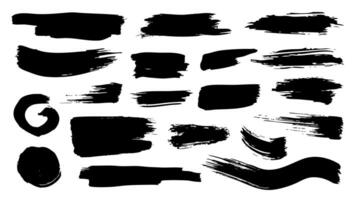 Black paint brush strokes set. Collection of paintbrush smears of round spots, round stains and rectangle shapes with ink splatters texture. Acrylic due blots and rough marks. illustration. vector