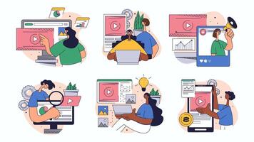 marketing concept set for web design. Collection with people creating content, making advertising campaigns, promoting in blogs, more. Flat illustration isolated on white background. vector