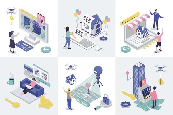 Real estate 3d isometry concept for web design. Collection set with isometric people searching new home, buying property, rents apartment, building houses, mortgage for customer. illustration.