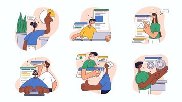 Business and marketing concept set for web design. Collection with people analyzing data, targeting advertising, create promotion strategy, more. Flat illustration isolated on white background. vector