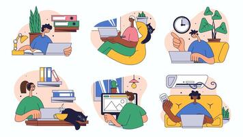 Freelance worker concept set for web design. Collection with people working distantly at laptops, connecting online, do tasks in home, more. Flat illustration isolated on white background. vector