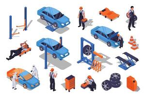 Auto service 3d isometric set. Collection isolated flat elements of garage tools, car lifters, wheel alignment, technicians work, repair equipment, automobile maintenance, more. illustration. vector