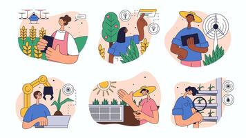 Smart farming concept set for web design. Collection with people monitoring fields by drone, robotic arms work, greenhouse cultivation, more. Flat illustration isolated on white background. vector