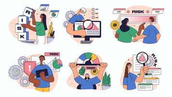 Risk management concept set for web design. Collection with people analyzing meter data, solving problems, control performance indicators, more. Flat illustration isolated on white background. vector