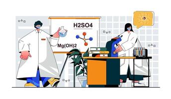 Laboratory concept for modern web design. People working in lab, scientists making scientific research, doing medical tests, analyzing flasks. Flat illustration isolated on white background. vector