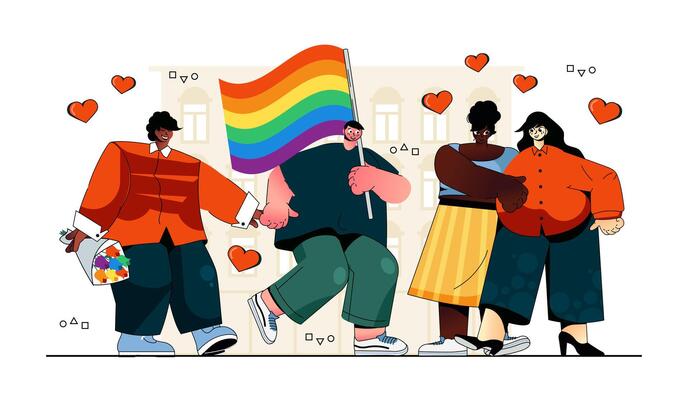 LGBTQ community concept for modern web design. People with rainbow flag at gay pride parade, happy multiracial gay and lesbian couples at event. Flat illustration isolated on white background.