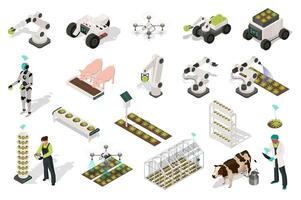 Smart farm 3d isometric set. Collection isolated flat elements of robotic arm manipulation, gardening machinery, drone, harvesting, ai robot, watering, vertical greenhouse, more. illustration. vector