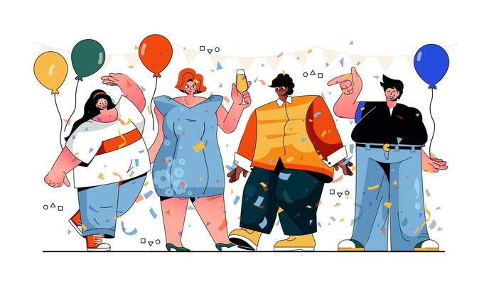 Party celebration concept for modern web design. People celebrate holiday at festive event, dancing and giving gifts, drinking and cheering. Flat illustration isolated on white background.