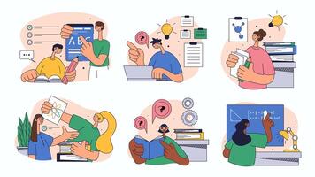 School learning concept set for web design. Collection with people doing homework, studying in classroom, training at lessons and seminars, more. Flat illustration isolated on white background. vector