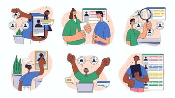 Online recruitment concept set for web design. Collection with people searching best cv, candidate interview, hiring employee in staff, more. Flat illustration isolated on white background. vector
