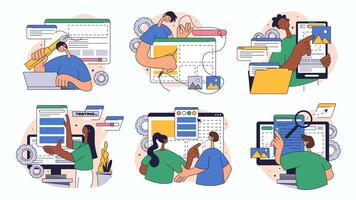 Website design concept set for web design. Collection with people building responsive wireframe site layout, create application pages, more. Flat illustration isolated on white background. vector