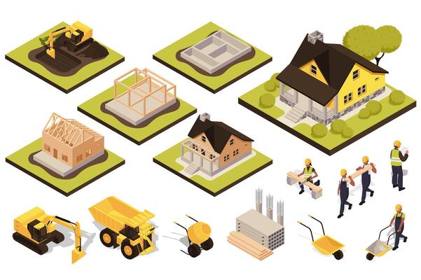 House building 3d isometric set. Collection isolated flat elements of excavator digging, foundation, pouring, frame, walls, builders, boards, concrete, piles, machinery, more. illustration.