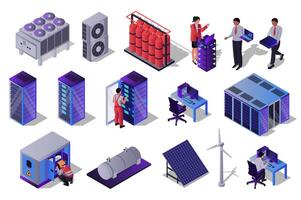 Data center 3d isometric set. Collection isolated flat elements of hardware, server racks, technicians, administration process, computer technology, network, database, more. illustration. vector