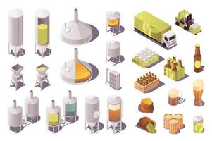 Brewery factory 3d isometric set. Collection isolated flat elements of fermentation, distillery and other machinery, beer industry production, bottles, truck distribution, more. illustration. vector