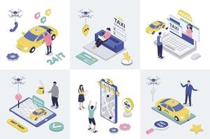 Taxi service 3d isometry concept for web design. Collection set with isometric people booking car online, tracking traffic and map navigation in app, call for ordering transfer. illustration. vector