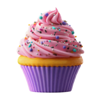 A vibrant cupcake with pink frosting and colorful sprinkles. Features a transparent background, perfect for easy integration into designs. png