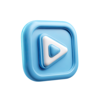 Blue square play button with white triangle on transparent background glossy png