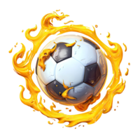 Soccer ball surrounded by golden liquid swirls on transparent background soccer png