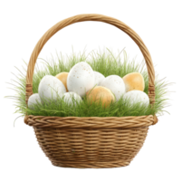 Easter basket filled with eggs and grass on transparent background Wicker png