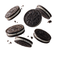 Floating Chocolate Sandwich Cookies with Cream Filling on Transparent Background Delicious png