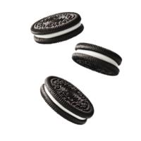 Three chocolate sandwich cookies floating with white cream on transparent background png