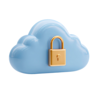 Secure cloud storage with golden padlock on blue cloud on transparent background png