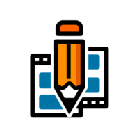 Website design icon featuring a pencil over a layout of blue blocks and black outlines png