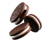 Three Chocolate Sandwich Cookies with Cream Filling Floating on Transparent Background png
