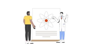 Asian male scientist explaining to black man attendee atom poster 2D characters animation. Scientific presentation with atomic structure animated people cartoon 4K isolated on white transparent video