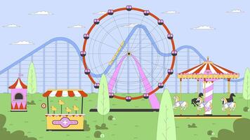 Empty amusement park with ferris wheel, carousel, carnival game 2D cartoon animation. Roller coaster ride, horse roundabout attractions rotating animated flat backdrop 4K background scene video