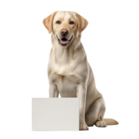 Photorealistic yellow labrador retriever sitting with a blank sign for custom text or design purposes png