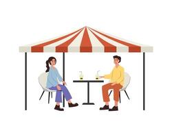 Tent and canopy. People drinking and talking. People discuss at cafe canopy. People conversation. Coffee shop tent. vector