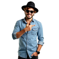 Smiling man in hat and sunglasses pointing to the side isolated on transparent background png