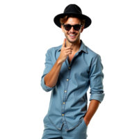 Stylish man in hat and sunglasses pointing with a smile isolated on transparent background png