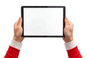 Hands in a santa suit are holding a tablet with a blank screen isolated on white providing a mockup for a digital presentation png