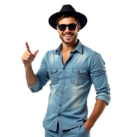 Smiling man in denim shirt and black hat pointing up isolated on transparent background with a cheerful expression and stylish sunglasses on a white backdrop png