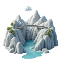 3D render of stylized fantasy landscape with snow-capped mountains river and bridge on transparent background png