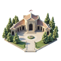 3D Rendered Isometric View of a Grand Building with Trees and Fountain on Transparent Background png
