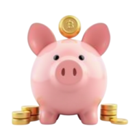 3D Rendered Piggy Bank Saving Bitcoin and Gold Coins Concept on Transparent Background png