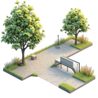 3d rendered park section isometric view with trees bench path lamppost grass isolated transparent background png