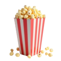 Cinema style popcorn in a classic striped bucket with transparent background file png