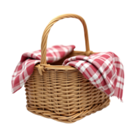 Classic wicker picnic basket with red checkered cloth file, transparent background isolated studio shot png