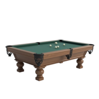 Classic wooden pool table with green felt and white billiard balls ready for a game on transparent background png
