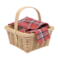 Classic Wicker Picnic Basket with Red Plaid Blanket Ready for Outing on Transparent Background png