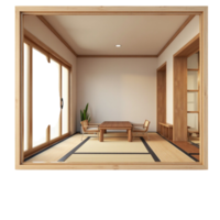 Clean and Minimalist Japanese Room Interior Design View Through a Simple Wooden Frame Isolated on Transparent Background png