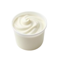 Smooth creamy white yogurt or soft serve ice cream in a white cup on a black background png